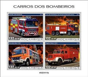 Mini Sheet, Various Fire Trucks, Mozambique,  , Fire-brigade, Vehicles