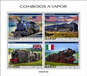 Mini Sheet, Various Steam Locomotives, Mozambique,  , Locomotives, Railways, Steam Traction