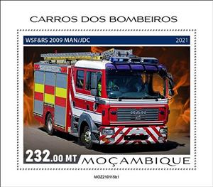Souvenir Sheet, WSF&RS 2009 Man/JDC, Mozambique,  , Fire-brigade, Vehicles