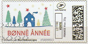 New year. Four trees and a house. Bonne Annee