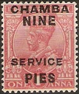 Stamp, King George V wearing Imperial Crown of India - optd & surch, Chamba,  , Animals (Fauna), Crowns and Coronets, Elephants, Famous People, Heads of State, Kings, Men, Royalty