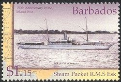 Stamp, Map of Barbados and Steam packet R.M.S. Esk, Barbados,  