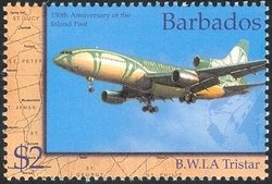 Stamp, Map of Barbados and BWIA Tristar, Barbados,  , Aviation, Airlines, Aircrafts