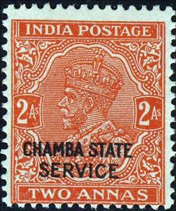 Stamp, King George V wearing Imperial Crown of India - overprinted, Chamba,  , Crowns and Coronets, Famous People, Heads of State, Kings, Men