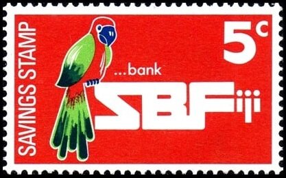 Stamp, Savings Bank of Fiji (SBF) - Red shining parrot, Fiji,  , Banks, Birds, Parrots