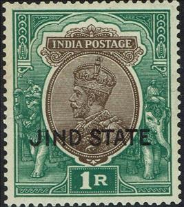 Stamp, King George V wearing Imperial Crown of India - overprinted, Jhind,  , Animals (Fauna), Crowns and Coronets, Elephants, Famous People, Heads of State, Kings, Men, Royalty