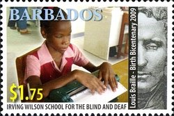 Stamp, Student reading Braille text at Braille typewriter, Barbados,  , Braille (Writing System), Typewriters