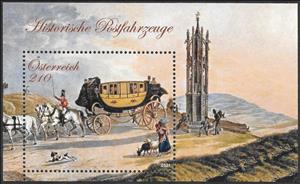 Souvenir Sheet, Express Mail - Spinnerin am Kreuz, Austria,  , Animals (Fauna), Dogs, Goats, Horses, Mailcoaches, Mammals, Postal History