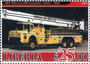 Stamp, AEC Mercury/Merryweather ladder, 1966, Cinderellas,  , Fire-brigade