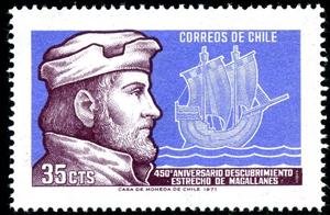 Stamp, Ferdinand Magellan and sailing ship, Chile,  , Explorers