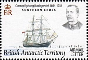 Stamp, Carsten Egeberg Borchgrevink and ship Southern Cross, British Antarctic Territory (BAT),  , Explorers, Sailing Ships, Ships