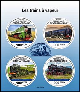 Mini Sheet, Various Steam Locomotives, Central African Republic,  , Locomotives, Railways, Steam Traction