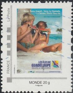 Stamp, Guadeloupe Islands. Children eating water melon on the beach, Personalized and Private Mail Stamps,  , Beaches, Children, Fruits, Islands, Tourism