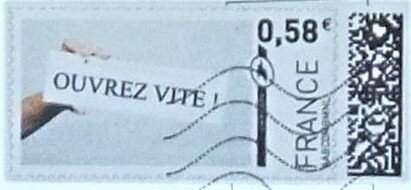 Stamp, Hand Holding "Ouvrez Vite". Open quicky, Personalized and Private Mail Stamps,  , Letters (Mail)