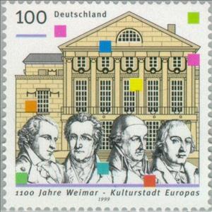 Stamp, Schiller, Goethe, Wieland, Herder, German Nationaltheater, Germany, Federal Republic,  , Famous People, Authors, Theatre, UNESCO World Heritage Sites, Literary People (Poets and Writers), Anniversaries and Jubilees