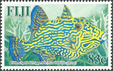 Stamp, Yellow-spotted Triggerfish (Pseudobalistes fuscus) , Fiji,  , Fishes