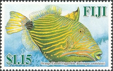 Stamp, Orange-lined Triggerfish (Balistapus undulatus), Fiji,  , Fishes