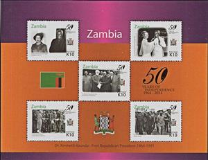 Mini Sheet, 50 Years of the Independence, Zambia,  , Anniversaries and Jubilees, Coats of Arms, Famous People, Flags, Heads of State