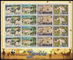 Mini Sheet, Greater Kudu (Tragelaphus strepsiceros), Zambia,  , Animals (Fauna), Antelopes, Mammals, Seals (Emblems), WWF