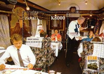 Souvenir Sheet, Orient Express, Zambia,  , Anniversaries and Jubilees, Locomotives, Railways, Steam Traction