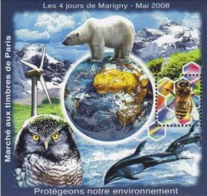 Souvenir Sheet, 4 days of Marigny. Paris n°20 2008. Environmental protection, Cinderellas,  , Animals (Fauna), Birds, Dolphins, Environment Protection, Globes, Mountains, Owls, Polar Bears