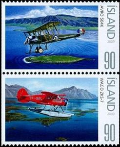 Se-tenant, Avro 504K, and Waco ZKS-7, pair, Iceland,  , Aviation