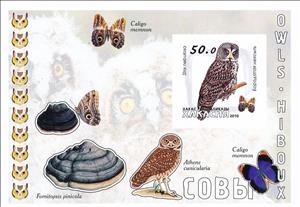 Souvenir Sheet, Owls, Cinderellas,  , Animals (Fauna), Birds, Butterflies, Mushrooms, Owls