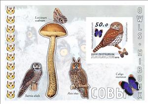 Souvenir Sheet, Owls, Cinderellas,  , Animals (Fauna), Birds, Butterflies, Mushrooms, Owls
