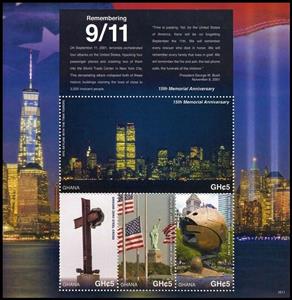 Mini Sheet, 15th Anniversary of the Attack on World Trade Center, Ghana,  , Anniversaries and Jubilees, Disasters
