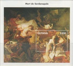 Souvenir Sheet, The Death of Sardanapalus, Guyana,  , Nudes, Painters, Paintings