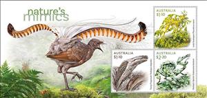 Souvenir Sheet, Nature's Mimics (w/Superb Lyrebird (Menura novaehollandi), Australia,  , Animals (Fauna), Birds, Fishes, Insects, Sea Life, Seahorses