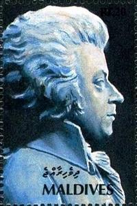 Stamp, Bust of Mozart, Maldives,  , Anniversaries and Jubilees, Composers, Famous People