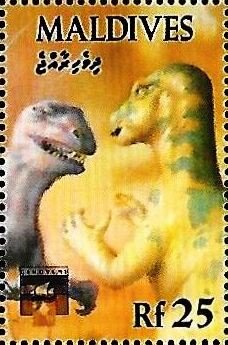 Stamp, Iguanodon, Allosaurus, Maldives,  , Dinosaurs, Prehistorical Animals