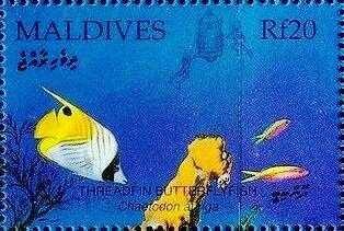 Stamp, Threadfin Butterflyfish (Chaetodon auriga), Maldives,  , Fishes