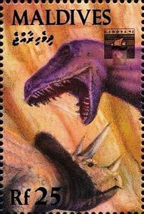 Stamp, Tyrannosaurus, Triceratops, Maldives,  , Dinosaurs, Prehistorical Animals