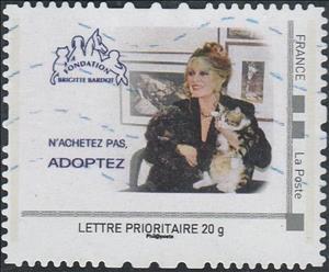 Stamp, Brigitte Bardot Foundation n'achetez pas, Adoptez, Personalized and Private Mail Stamps,  , Actors, Animals (Fauna), Cats, Charity
