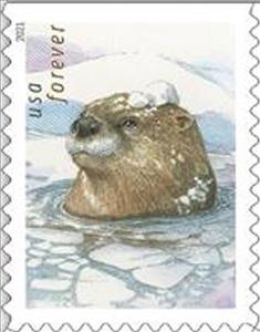 Stamp, Otters in the Snow, United States of America,  , Animals (Fauna), Mammals, Otters