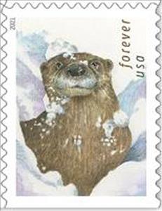 Stamp, Otters in the Snow, United States of America,  , Animals (Fauna), Mammals, Otters