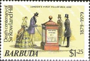 Stamp, First Pillar Box in London, Barbuda,  , Letter-box, Postal Traffic