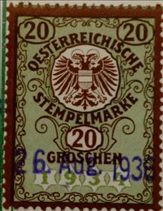 Stamp, Stempel Marke 20 Groschen, Austria- Revenue Stamps,  , Coats of Arms, Numbers