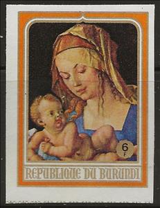 Stamp, "Virgin and Child", by Albrecht Dürer, Burundi,  , Art, Christmas, Paintings, Religion