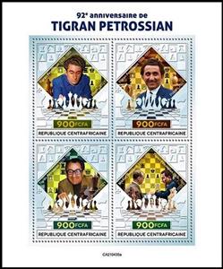 Mini Sheet, 92th Anniversary of the Birth of Tigran Petrossian, Central African Republic,  , Chess