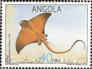 Stamp, Common Eagle Ray (Myliobatis aquila), Angola,  , Fishes