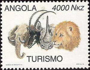 Stamp, Heads of Mammals, Angola,  , Tourism, Лев, Elephants, Rhinoceroses