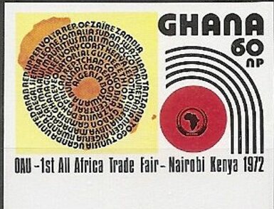 Stamp, Fair Emblem and Names of participating nations over map of A, Ghana,  , Fairs, Maps, Seals (Emblems)