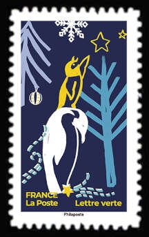 Stamp, Penguin in Winter Forest, France,  , Christmas, Penguins