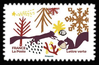 Stamp, Squirrels in Winter Forest, France,  , Christmas, Squirrels