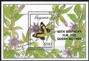 Souvenir Sheet, Papilio torquatus overprinted for The Queen Mother, Guyana,  , Butterflies