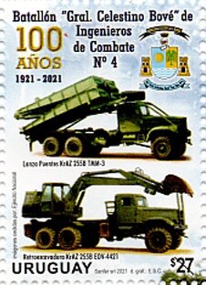 Stamp, Celestino Bové Combat Engineer Batallion Number 4, Centenary, Uruguay,  , Military Forces, Trucks, Vehicles