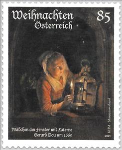 Stamp, "Girl at a Window with Lantern", by Gerard Dou, Austria,  , Christmas, Lanterns, Paintings, Religion